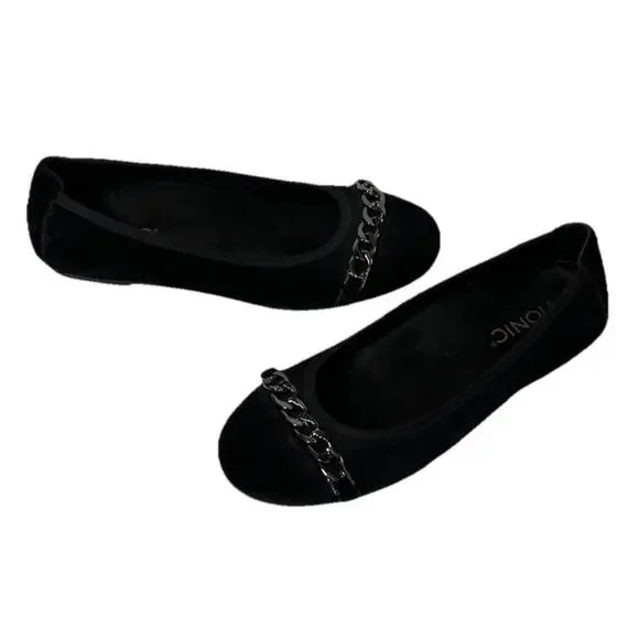 Vionic Pera Womens 6.5 Black Suede Ballet Flats Chain Accent Shoes Slip On - Picture 1 of 8